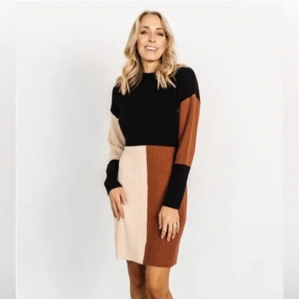 Baltic Born Black, Tan & Cream Colorblock Ribbed Midi Dress